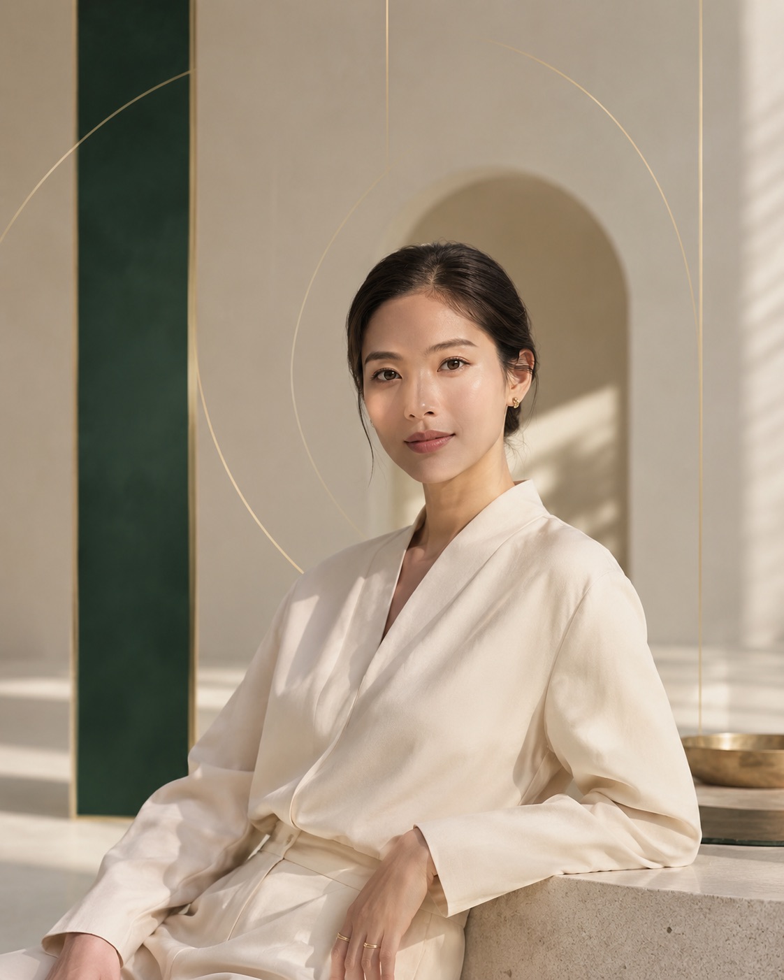 ผู้เชี่ยวชาญ Wellness ในสภาพแวดล้อมโทนครีมและเขียวตามระบบภาพของ WOW